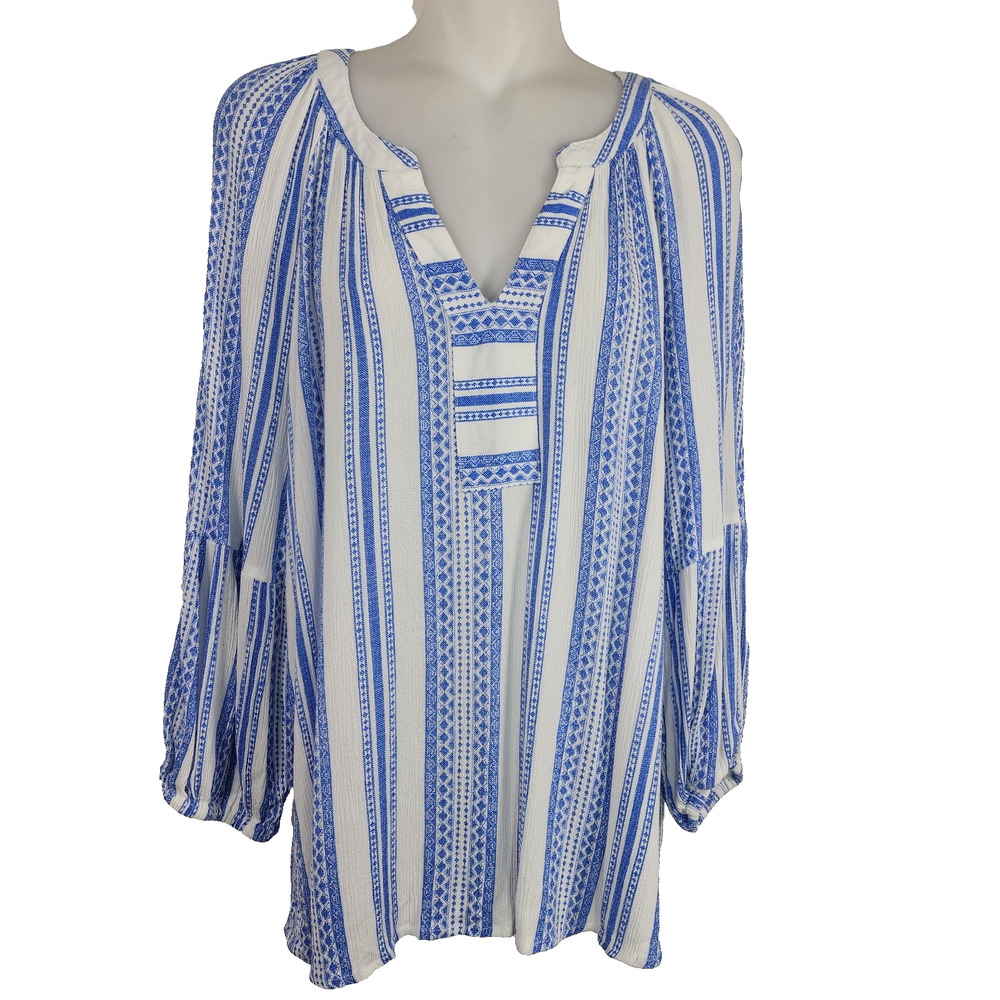 Brina & Em Womens Colter Split Neck Top Blue White Striped 3/4 Sleeve Boho XL